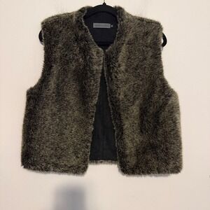 Annette Görtz Faux Fur Vest Gilet Olive Gray Open Front Sz 38 indie sleeze